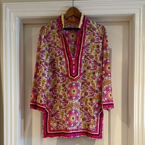 TORY BURCH Printed V-Neck Tunic - Floral Pink and Yellow size 10